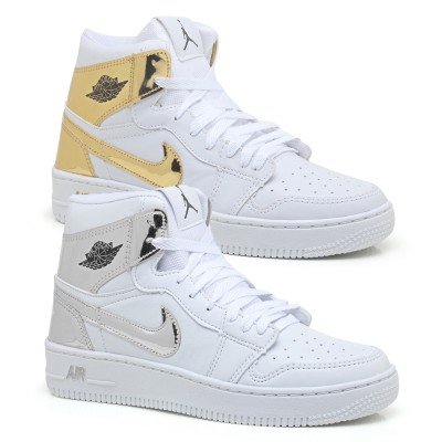 Kit 2 Tênis Bota Nike Air Jordan Branco Dourado e Branco Prata